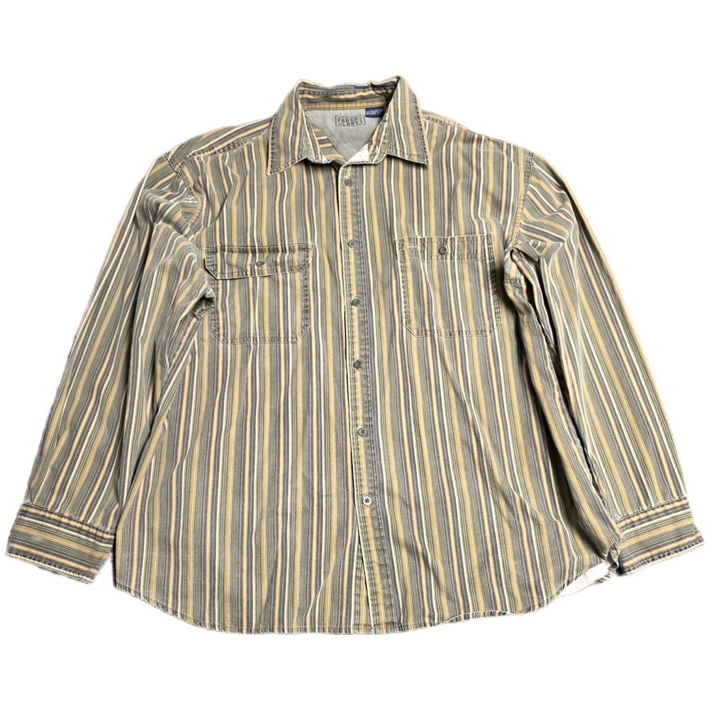 Faded Glory Striped Button Down Shirt Men's Size XL Olive Green Tan Long Sleeve